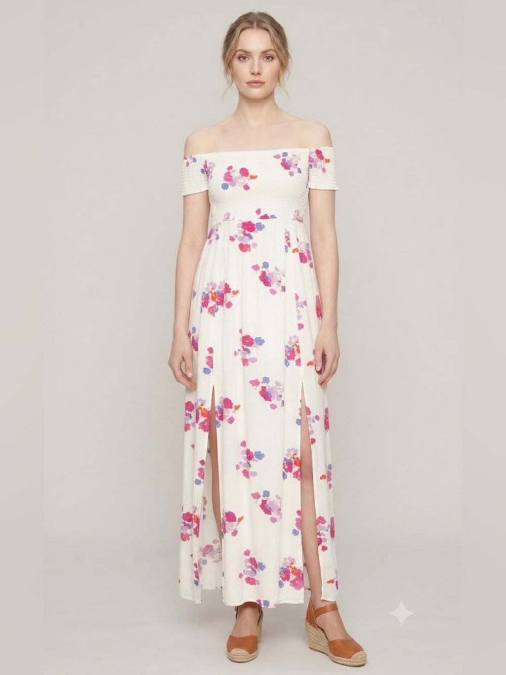 MINKPINK Falling Bloom Floral Smocked Off Shoulder Maxi Dress Front Slit Small